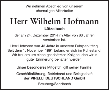 Traueranzeige von Wilhelm Hofmann von Odenwälder Echo