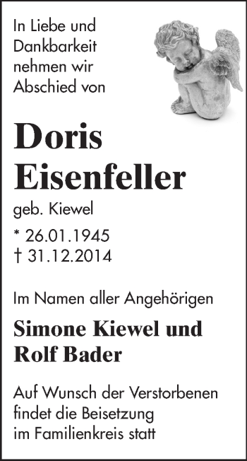 Traueranzeige von Doris Eisenfeller von Echo-Zeitungen (Gesamtausgabe)