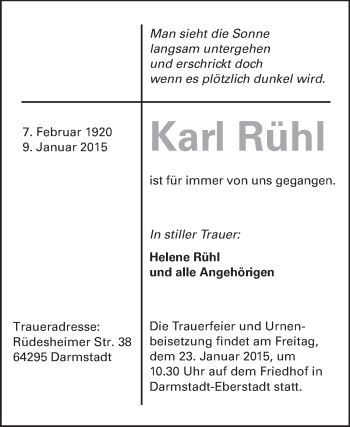 Traueranzeige von Karl Rühl von Echo-Zeitungen (Gesamtausgabe)