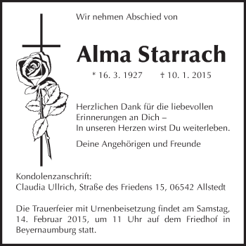 Traueranzeige von Alma Starrach von Odenwälder Echo