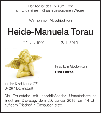 Traueranzeige von Heide-Manuela Torau von Echo-Zeitungen (Gesamtausgabe)