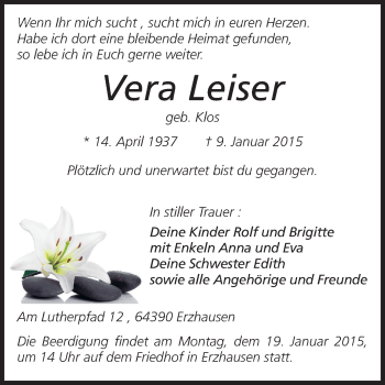 Traueranzeige von Vera Leiser von Echo-Zeitungen (Gesamtausgabe)