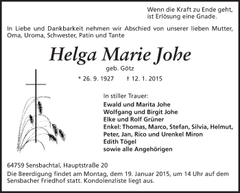 Traueranzeige von Helga Marie Johe von Odenwälder Echo