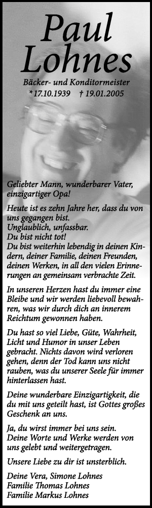 Traueranzeige von Paul Lohnes von Echo-Zeitungen (Gesamtausgabe)