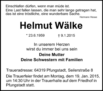 Traueranzeige von Helmut Wälke von Echo-Zeitungen (Gesamtausgabe)