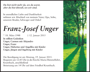 Traueranzeige von Franz-Josef Unger von Starkenburger Echo