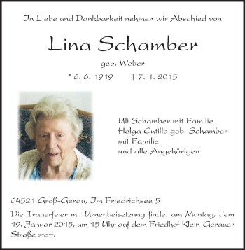 Traueranzeige von Lina Schamber von Rüsselsheimer Echo, Groß-Gerauer-Echo, Ried Echo