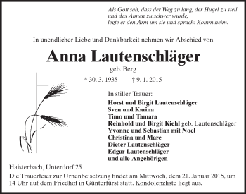 Traueranzeige von Anna Lautenschläger von Odenwälder Echo