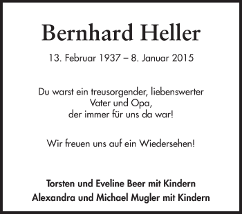 Traueranzeige von Bernhard Heller von Echo-Zeitungen (Gesamtausgabe)