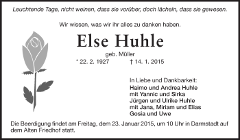 Traueranzeige von Else Huhle von Echo-Zeitungen (Gesamtausgabe)