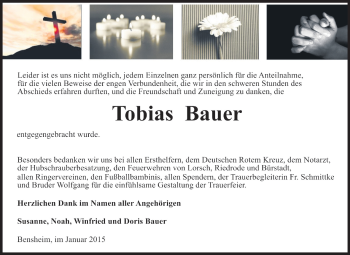 Traueranzeige von Tobias Bauer von Starkenburger Echo, Bergsträßer Anzeiger