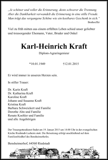 Traueranzeige von Karl-Heinrich Kraft von Echo-Zeitungen (Gesamtausgabe)