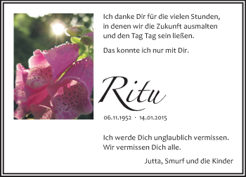 Traueranzeige von Ritu  von Echo-Zeitungen (Gesamtausgabe)