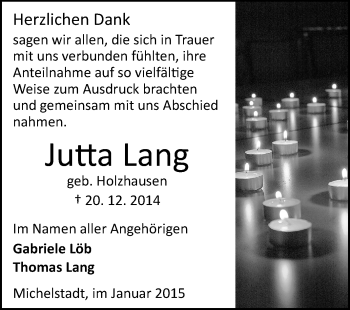 Traueranzeige von Jutta Lang von Odenwälder Echo