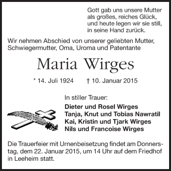 Traueranzeige von Maria Wirges von Rüsselsheimer Echo, Groß-Gerauer-Echo, Ried Echo