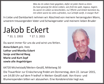 Traueranzeige von Anna Eckert von Odenwälder Echo