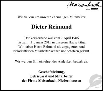 Traueranzeige von Dieter Reimund von Echo-Zeitungen (Gesamtausgabe)