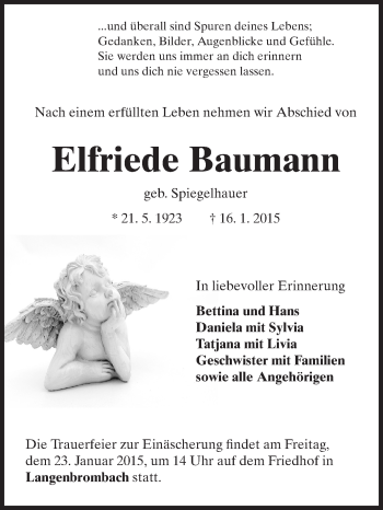 Traueranzeige von Elfriede Baumann von Odenwälder Echo