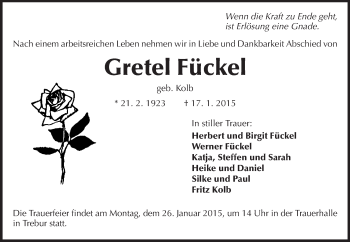 Traueranzeige von Gretel Fückel von Rüsselsheimer Echo, Groß-Gerauer-Echo, Ried Echo