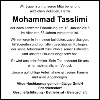 Traueranzeige von Mohammad Tasslimi von Echo-Zeitungen (Gesamtausgabe)