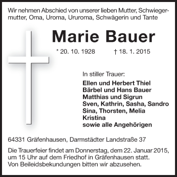 Traueranzeige von Marie Bauer von Echo-Zeitungen (Gesamtausgabe)