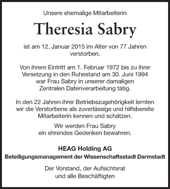 Traueranzeige von Theresia Sabry von Echo-Zeitungen (Gesamtausgabe)