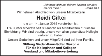 Traueranzeige von Heidi Ciftci von Echo-Zeitungen (Gesamtausgabe)