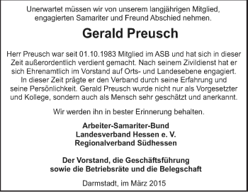 Traueranzeige von Gerald Preusch von Echo-Zeitungen (Gesamtausgabe)