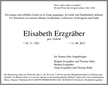 Traueranzeige von Elisabeth Erzgräber von trauer.echo-online.de