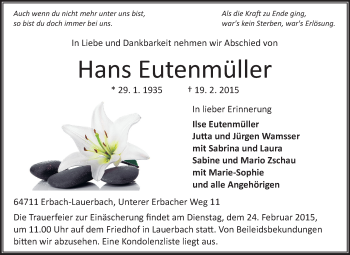Traueranzeige von Hans Eutenmüller von Odenwälder Echo