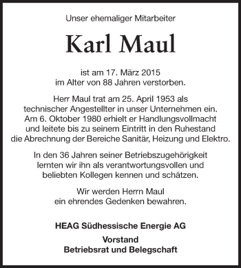 Traueranzeige von Karl Maul von Echo-Zeitungen (Gesamtausgabe)