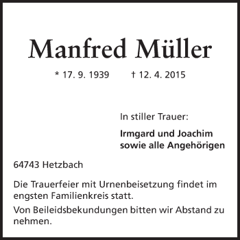 Traueranzeige von Manfred Müller von Odenwälder Echo