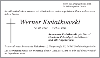Traueranzeige von Werner Kwiatkowski von Echo-Zeitungen (Gesamtausgabe)
