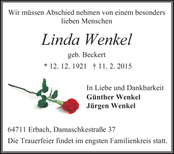 Traueranzeige von Linda Wenkel von Odenwälder Echo