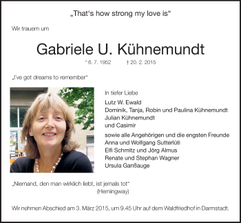 Traueranzeige von Gabriele Kühnemundt von Echo-Zeitungen (Gesamtausgabe)