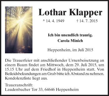 Traueranzeige von Lothar Klapper von Starkenburger Echo