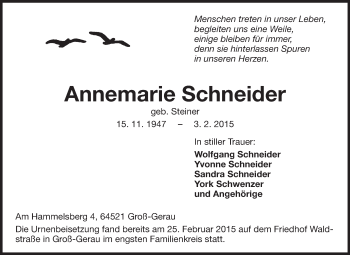 Traueranzeige von Annemarie Schneider von Rüsselsheimer Echo, Groß-Gerauer-Echo, Ried Echo