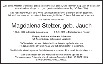 Traueranzeige von Magdalena Stelzer von Echo-Zeitungen (Gesamtausgabe)