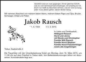 Traueranzeige von Jakob Rausch von Rüsselsheimer Echo, Groß-Gerauer-Echo, Ried Echo