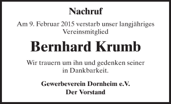 Traueranzeige von Bernhard Krumb von Rüsselsheimer Echo, Groß-Gerauer-Echo, Ried Echo