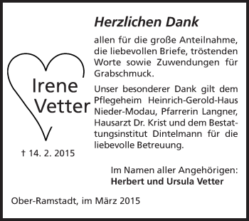 Traueranzeige von Irene Vetter von Echo-Zeitungen (Gesamtausgabe)