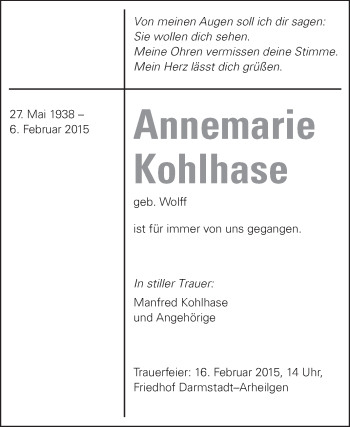 Traueranzeige von Annemarie Kohlhase von Echo-Zeitungen (Gesamtausgabe)