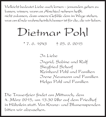 Traueranzeige von Dietmar Pohl von Echo-Zeitungen (Gesamtausgabe)