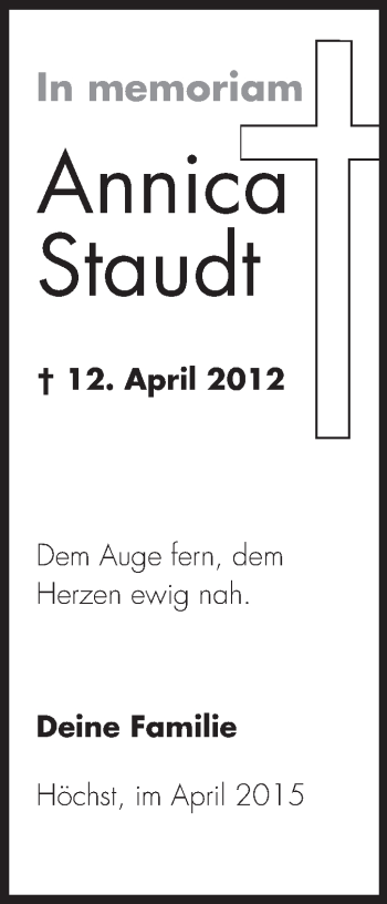 Traueranzeige von Annica Staudt von Odenwälder Echo