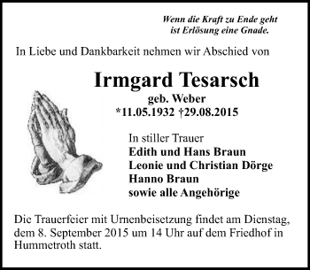 Traueranzeige von Irmgard Tesarsch von trauer.echo-online.de