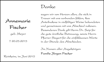 Traueranzeige von Annemarie Fischer von Darmstädter Echo, Odenwälder Echo, Rüsselsheimer Echo, Groß-Gerauer-Echo, Ried Echo