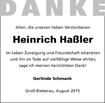 Traueranzeige von Heinrich Haßler von trauer.echo-online.de