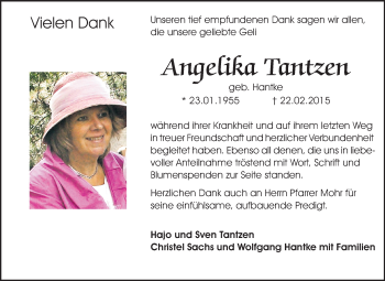 Traueranzeige von Angelika Tantzen von Echo-Zeitungen (Gesamtausgabe)