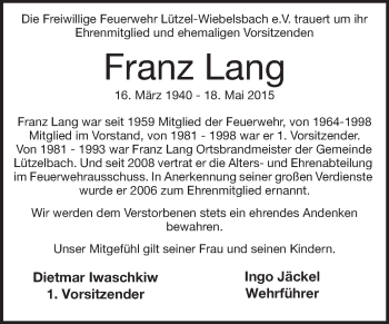 Traueranzeige von Franz Lang von Odenwälder Echo