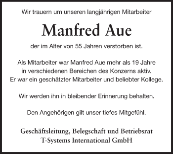 Traueranzeige von Manfred Aue von Echo-Zeitungen (Gesamtausgabe)